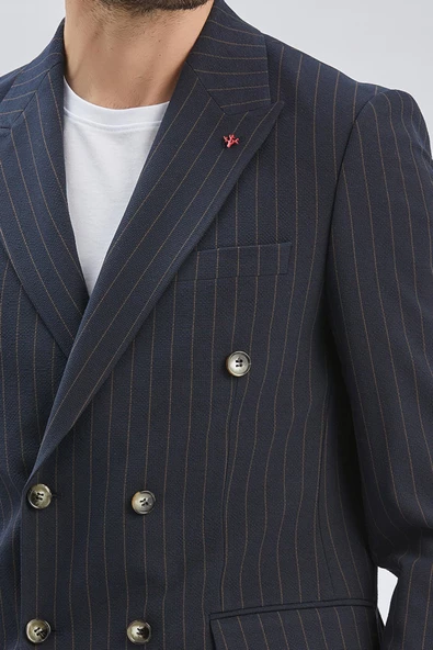 Koyu Lacivert Çizgili Desen Gofreli Kruvaze 6 Drop Slim Fit Classic Esnek Ceket 1002240159 - Resim 10