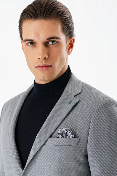 Gri Desenli Mono Yaka Astarlı Çift Yırtmaç 6 Drop Slim Fit Dar Kesim Klasik Ceket 1002240150 - 4