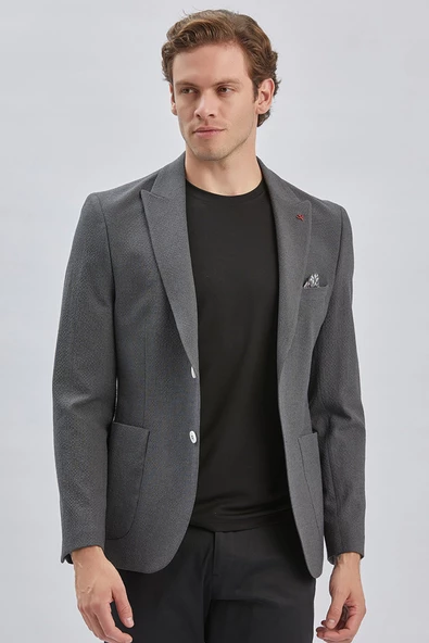 Koyu Antrasit Desenli Kırlangıç Yaka Likralı 6 Drop Slim Fit Dar Kesim Casual Ceket 1002240155