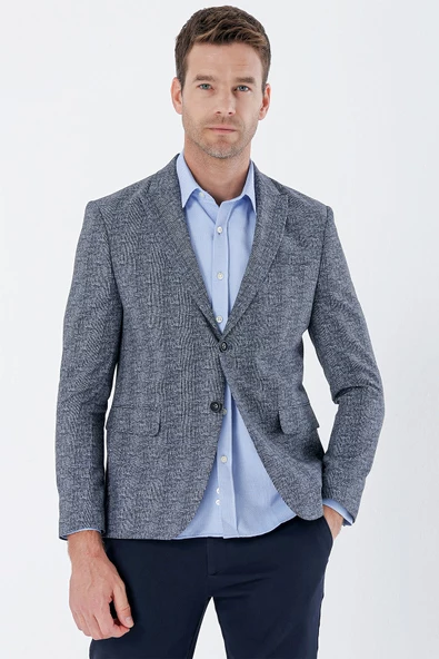 Koyu Lacivert Ekoseli Örme Kırlangıç Yaka Çift Yırtmaç 6 Drop Slim Fit Klasik Ceket 1002235110 - 4