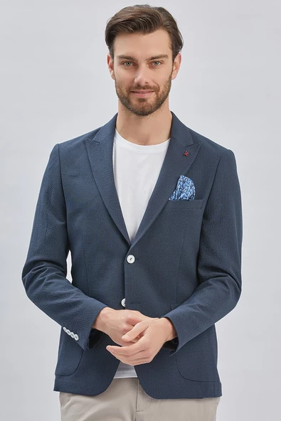 Koyu Lacivert Desenli Kırlangıç Yaka Likralı 6 Drop Slim Fit Dar Kesim Casual Ceket 1002240155 - Resim 5