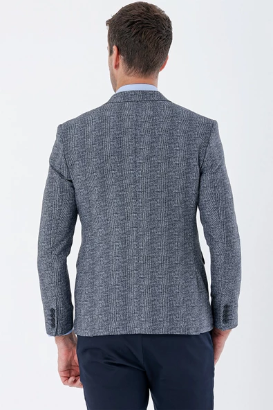Koyu Lacivert Ekoseli Örme Kırlangıç Yaka Çift Yırtmaç 6 Drop Slim Fit Klasik Ceket 1002235110 - 2