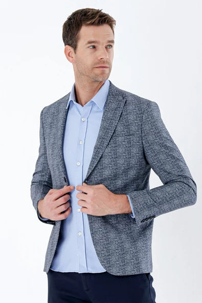 Koyu Lacivert Ekoseli Örme Kırlangıç Yaka Çift Yırtmaç 6 Drop Slim Fit Klasik Ceket 1002235110 - 3