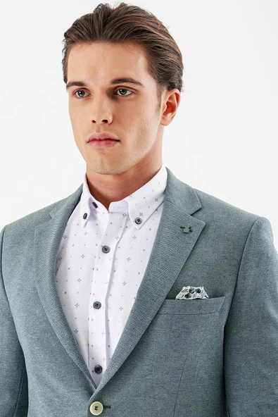Yeşil Desenli Mono Yaka Çift Yırtmaç Likralı 6 Drop Slim Fit Dar Kesim Klasik Ceket 1002240151 - 5