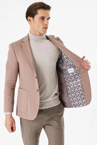 Vizon Desenli Mono Yaka Astarlı Çift Yırtmaç 6 Drop Slim Fit Dar Kesim Klasik Ceket 1002240150 - 3