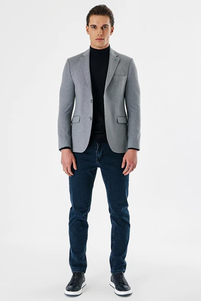 Gri Desenli Mono Yaka Çift Yırtmaç Likralı 6 Drop Slim Fit Dar Kesim Klasik Ceket 1002240151 - Resim 4