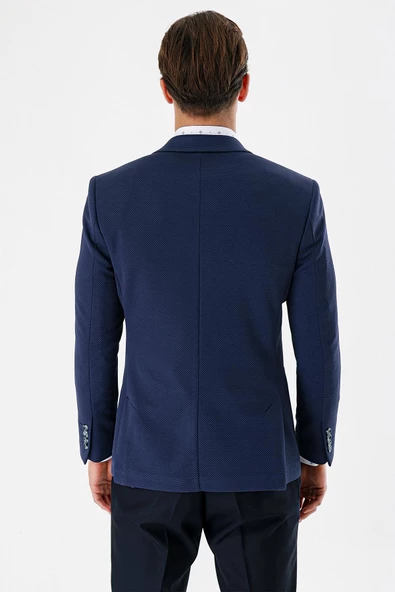 Lacivert Desenli Mono Yaka Astarlı Çift Yırtmaç 6 Drop Slim Fit Dar Kesim Klasik Ceket 1002240150 - 6