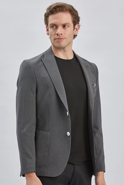 Koyu Antrasit Desenli Kırlangıç Yaka Likralı 6 Drop Slim Fit Dar Kesim Casual Ceket 1002240155 - Resim 4