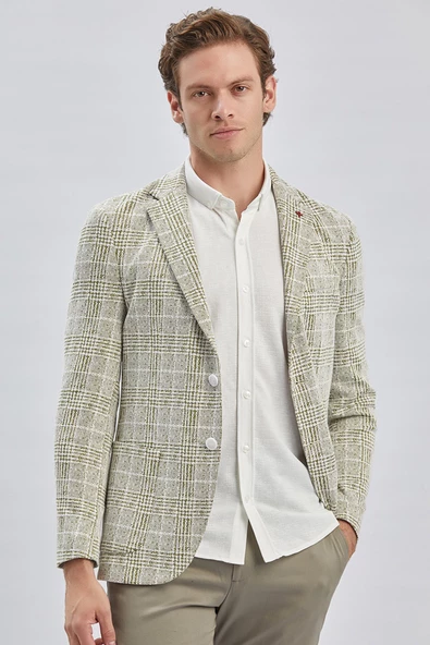 Koyu Haki Mono Yaka Ekose Desen 2 Düğmeli 6 Drop Slim Fit Ceket 1002240158 - 4