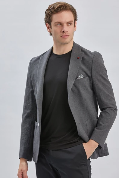 Koyu Antrasit Desenli Kırlangıç Yaka Likralı 6 Drop Slim Fit Dar Kesim Casual Ceket 1002240155 - Resim 3