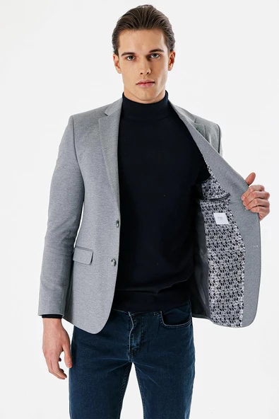 Gri Desenli Mono Yaka Çift Yırtmaç Likralı 6 Drop Slim Fit Dar Kesim Klasik Ceket 1002240151 - Resim 3