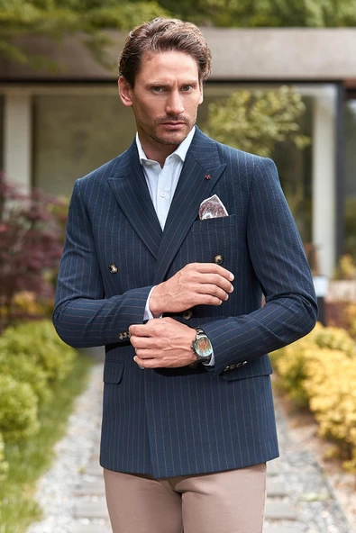 Koyu Lacivert Çizgili Desen Gofreli Kruvaze 6 Drop Slim Fit Classic Esnek Ceket 1002240159 - Resim 2