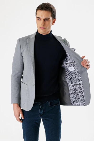 Gri Desenli Mono Yaka Astarlı Çift Yırtmaç 6 Drop Slim Fit Dar Kesim Klasik Ceket 1002240150 - 5