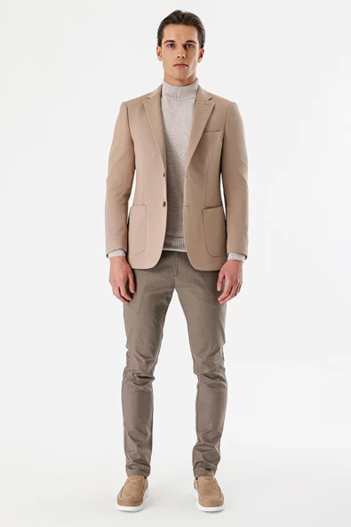 Koyu Vizon Desenli Mono Yaka Astarlı Çift Yırtmaç 6 Drop Slim Fit Dar Kesim Klasik Ceket 1002240150 - Resim 5