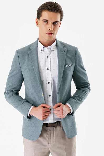 Yeşil Desenli Mono Yaka Çift Yırtmaç Likralı 6 Drop Slim Fit Dar Kesim Klasik Ceket 1002240151 - 2