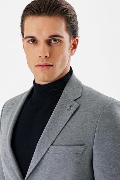 Gri Desenli Mono Yaka Çift Yırtmaç Likralı 6 Drop Slim Fit Dar Kesim Klasik Ceket 1002240151 - Resim 5