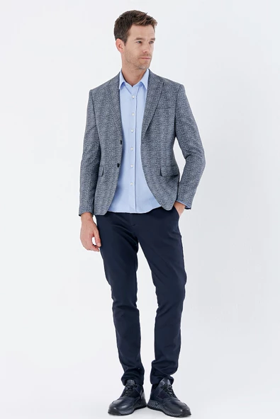 Koyu Lacivert Ekoseli Örme Kırlangıç Yaka Çift Yırtmaç 6 Drop Slim Fit Klasik Ceket 1002235110 - 5