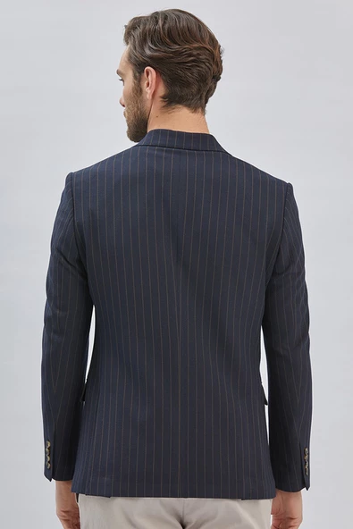 Koyu Lacivert Çizgili Desen Gofreli Kruvaze 6 Drop Slim Fit Classic Esnek Ceket 1002240159 - Resim 9