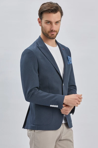 Koyu Lacivert Desenli Kırlangıç Yaka Likralı 6 Drop Slim Fit Dar Kesim Casual Ceket 1002240155 - Resim 4