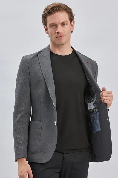 Koyu Antrasit Desenli Kırlangıç Yaka Likralı 6 Drop Slim Fit Dar Kesim Casual Ceket 1002240155 - Resim 5