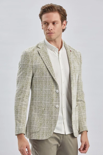 Koyu Haki Mono Yaka Ekose Desen 2 Düğmeli 6 Drop Slim Fit Ceket 1002240158 - 3