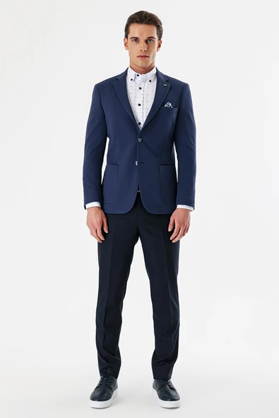 Lacivert Desenli Mono Yaka Astarlı Çift Yırtmaç 6 Drop Slim Fit Dar Kesim Klasik Ceket 1002240150 - 4