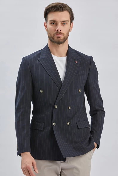 Koyu Lacivert Çizgili Desen Gofreli Kruvaze 6 Drop Slim Fit Classic Esnek Ceket 1002240159 - Resim 4