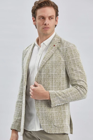 Koyu Haki Mono Yaka Ekose Desen 2 Düğmeli 6 Drop Slim Fit Ceket 1002240158 - 2