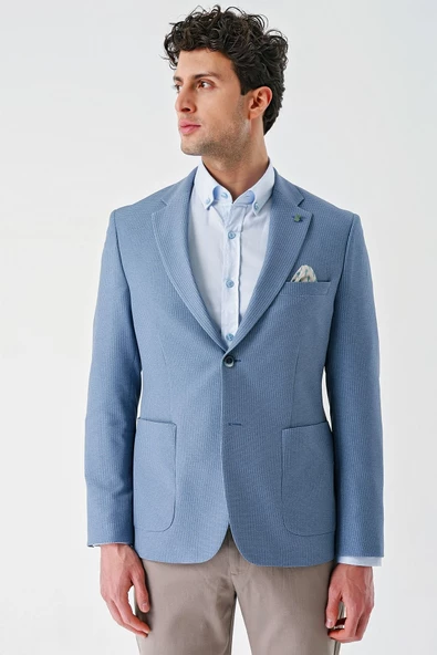 Koyu Mavi Örme Mono Yaka Çift Yırtmaç Likralı 6 Drop Slim Fit Dar Kesim Klasik Ceket 1002240138 - 5