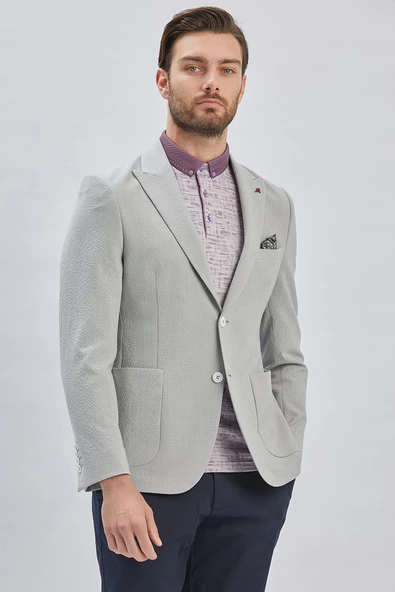 Gri Desenli Kırlangıç Yaka Likralı 6 Drop Slim Fit Dar Kesim Casual Ceket 1002240155 - Resim 4