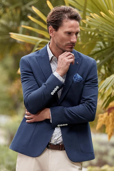 Koyu Lacivert Desenli Kırlangıç Yaka Likralı 6 Drop Slim Fit Dar Kesim Casual Ceket 1002240155 - Resim 2