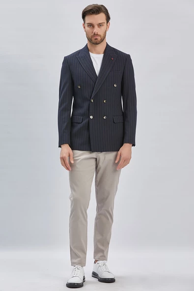 Koyu Lacivert Çizgili Desen Gofreli Kruvaze 6 Drop Slim Fit Classic Esnek Ceket 1002240159 - Resim 5