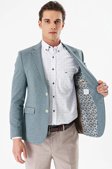 Yeşil Desenli Mono Yaka Çift Yırtmaç Likralı 6 Drop Slim Fit Dar Kesim Klasik Ceket 1002240151 - 3