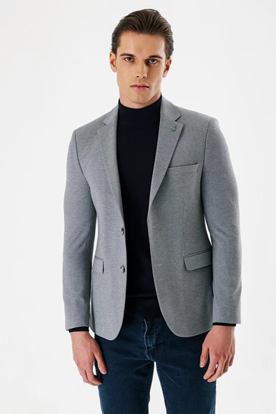 Gri Desenli Mono Yaka Çift Yırtmaç Likralı 6 Drop Slim Fit Dar Kesim Klasik Ceket 1002240151 - Resim 2