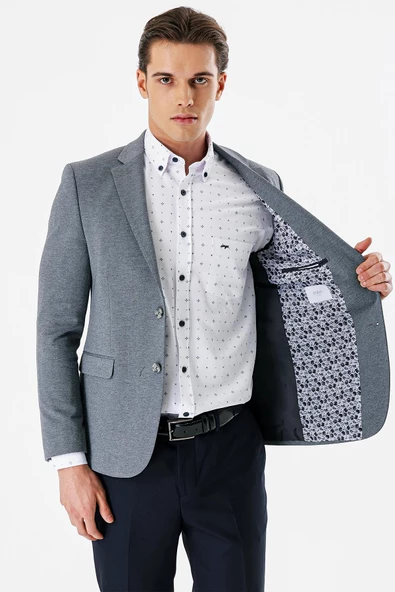 Lacivert Desenli Mono Yaka Çift Yırtmaç Likralı 6 Drop Slim Fit Dar Kesim Klasik Ceket 1002240151 - 3