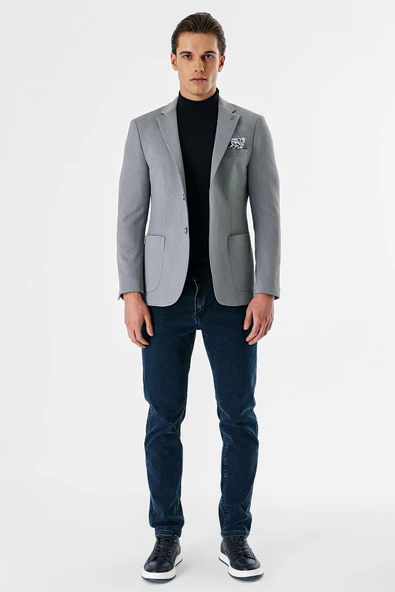 Gri Desenli Mono Yaka Astarlı Çift Yırtmaç 6 Drop Slim Fit Dar Kesim Klasik Ceket 1002240150 - 2