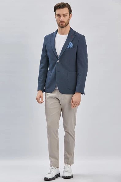 Koyu Lacivert Desenli Kırlangıç Yaka Likralı 6 Drop Slim Fit Dar Kesim Casual Ceket 1002240155 - Resim 3