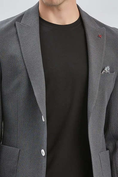 Koyu Antrasit Desenli Kırlangıç Yaka Likralı 6 Drop Slim Fit Dar Kesim Casual Ceket 1002240155 - Resim 7