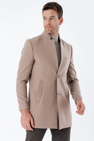 Taş Rengi Kaşe Mono Yaka Kapitoneli Astar Slim Fit Dar Kesim Klasik Kaban 1008235171 - 5
