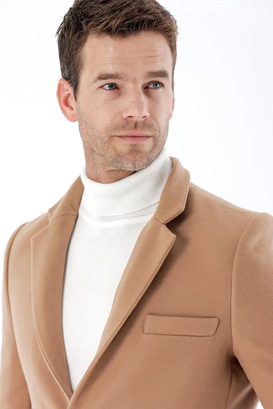 Taba Kaşe Mono Yaka Kapitoneli Astar Slim Fit Dar Kesim Klasik Kaban 1008235171 - 6