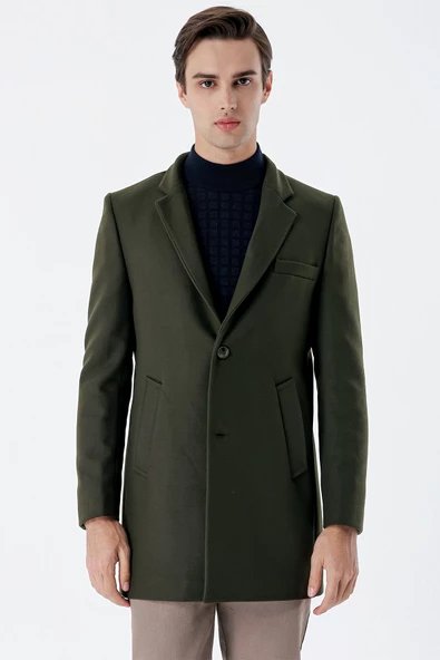 Koyu Haki Kaşe Mono Yaka Kapitoneli Astar Slim Fit Dar Kesim Klasik Kaban 1008235171 - 3