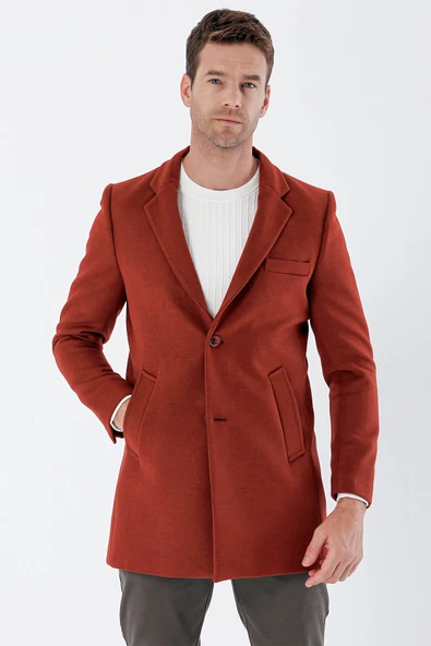 Kiremit Kaşe Mono Yaka Kapitoneli Astar Slim Fit Dar Kesim Klasik Kaban 1008235171 - 5