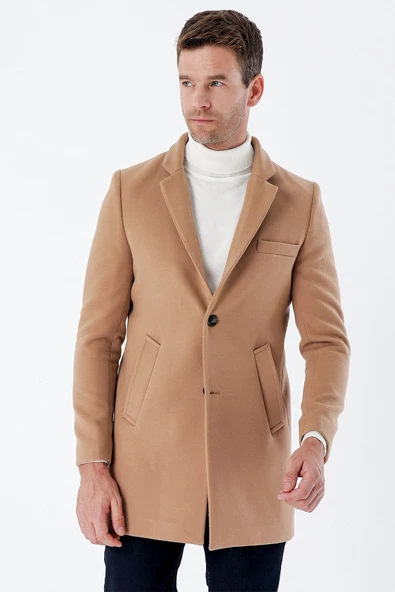 Taba Kaşe Mono Yaka Kapitoneli Astar Slim Fit Dar Kesim Klasik Kaban 1008235171 - 5