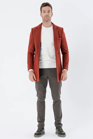 Kiremit Kaşe Mono Yaka Kapitoneli Astar Slim Fit Dar Kesim Klasik Kaban 1008235171 - 2
