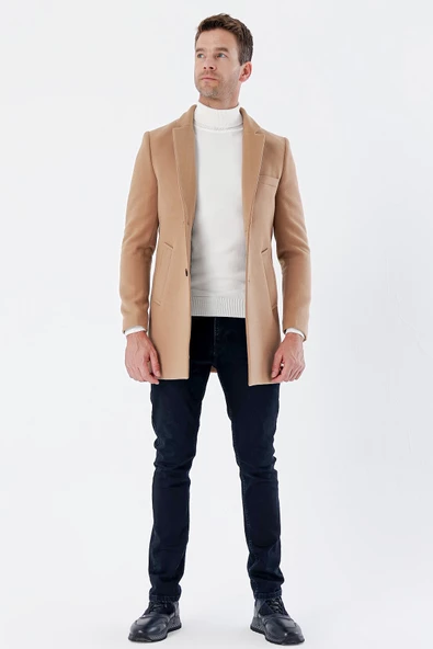 Taba Kaşe Mono Yaka Kapitoneli Astar Slim Fit Dar Kesim Klasik Kaban 1008235171 - 4