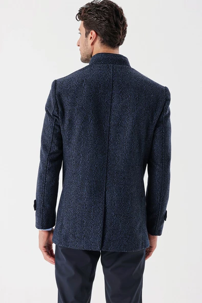 Koyu Lacivert Kaşe Hakim Yaka Desenli Yırtmaçlı Astarlı Slim Fit Dar Kesim Klasik Kaban 1008235153 - 7