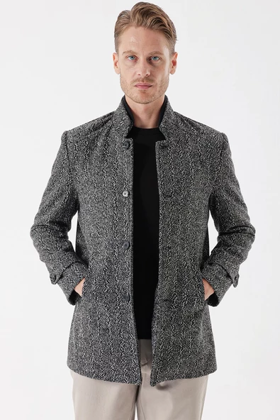Koyu Antrasit Kaşe Hakim Yaka Desenli Yırtmaçlı Astarlı Slim Fit Dar Kesim Klasik Kaban 1008235153 - 3