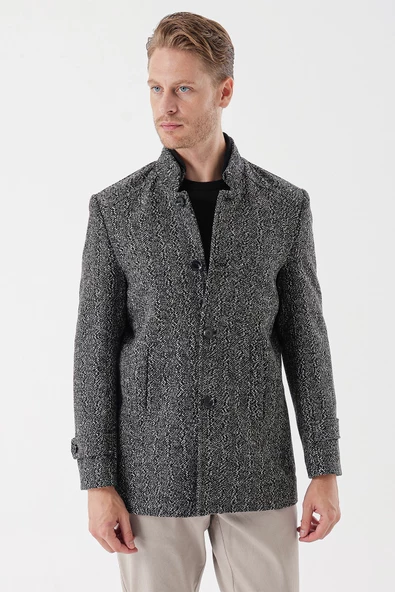 Koyu Antrasit Kaşe Hakim Yaka Desenli Yırtmaçlı Astarlı Slim Fit Dar Kesim Klasik Kaban 1008235153 - 6