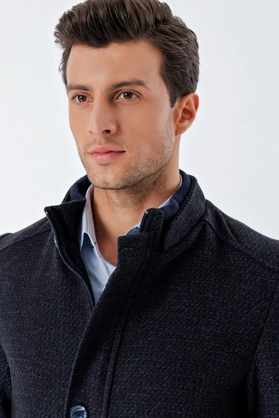 Koyu Lacivert Kaşe Hakim Yaka Desenli Yırtmaçlı Astarlı Slim Fit Dar Kesim Klasik Kaban 1008235151 - 5