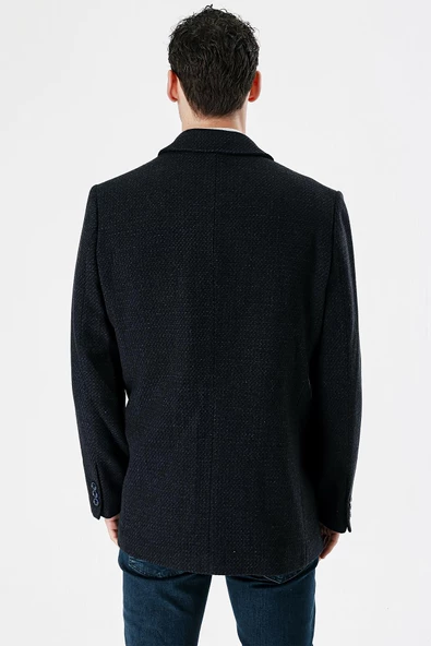 Lacivert Kaşe Yünlü Kapitoneli Astar Büyük Beden Comfort Fit Rahat Kesim Klasik Kaban 1008235170 - 4